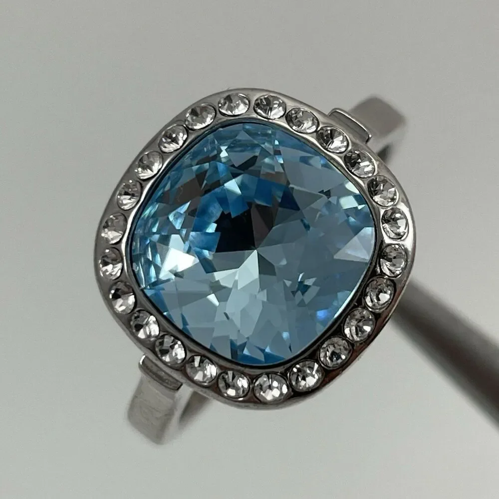 Silver Tone Blue Cushion Cut Glass Halo Statement Cocktail Ring Sz 8 Boho Cute